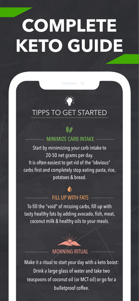 Complete Keto Guide screen showing tips to get started with carbohydrate reduction and healthy fats.