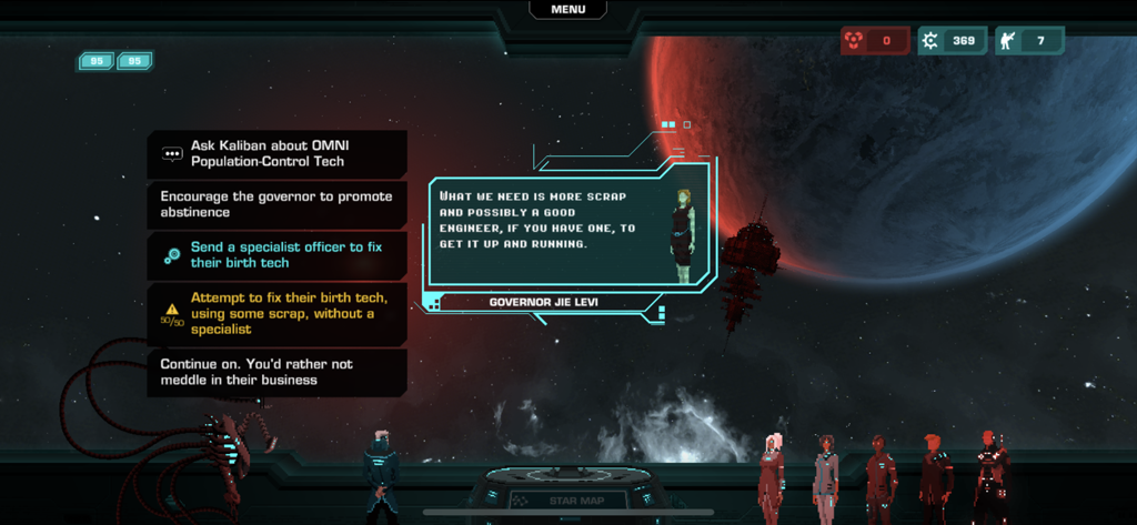 Crying Suns - Un evento de historia narrativa en Crying Suns mostrando opciones de diálogo y una estación espacial contra un telón de fondo planetario.