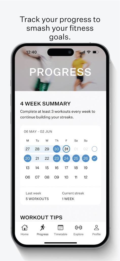Pantalla de progreso de la aplicación Les Mills New Zealand que muestra un resumen de entrenamiento de cuatro semanas y el seguimiento del calendario