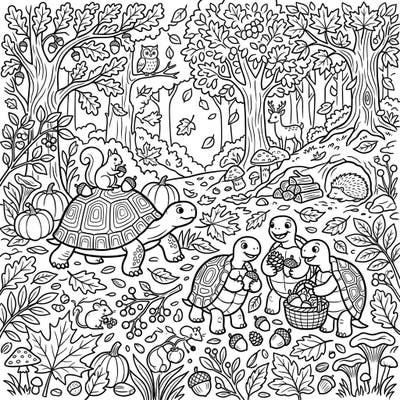 Immerse yourself in a heartwarming autumn forest scene featuring charming turtles and tortoises. This delightful coloring page perfectly captures the joy of the fall harvest and woodland friendships.