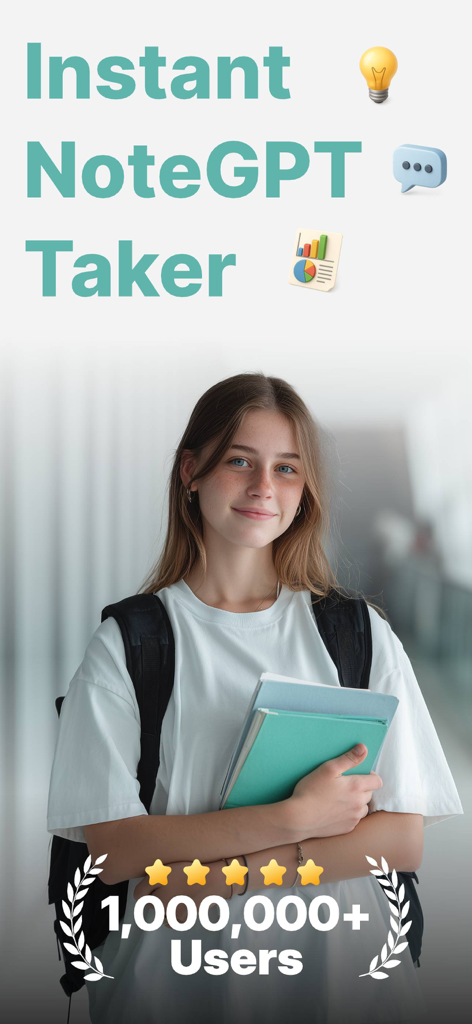AI Notes Voice to Text, Renote - Un estudiante sonriente sosteniendo cuadernos con la marca de la aplicación Renote AI note taker y una insignia de hito de 1 millón de usuarios