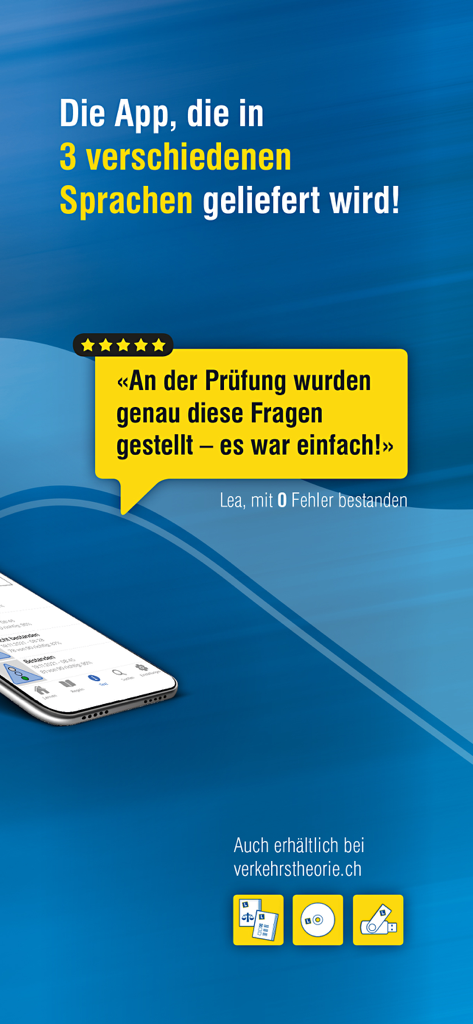 vTheorie Mofa app promotional screen featuring a five star user testimonial and multilingual support