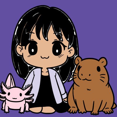 a cute girl with brown hair and next to her an axolotl and a capybara