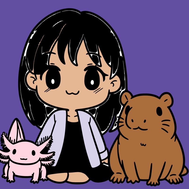 a cute girl with brown hair and next to her an axolotl and a capybara