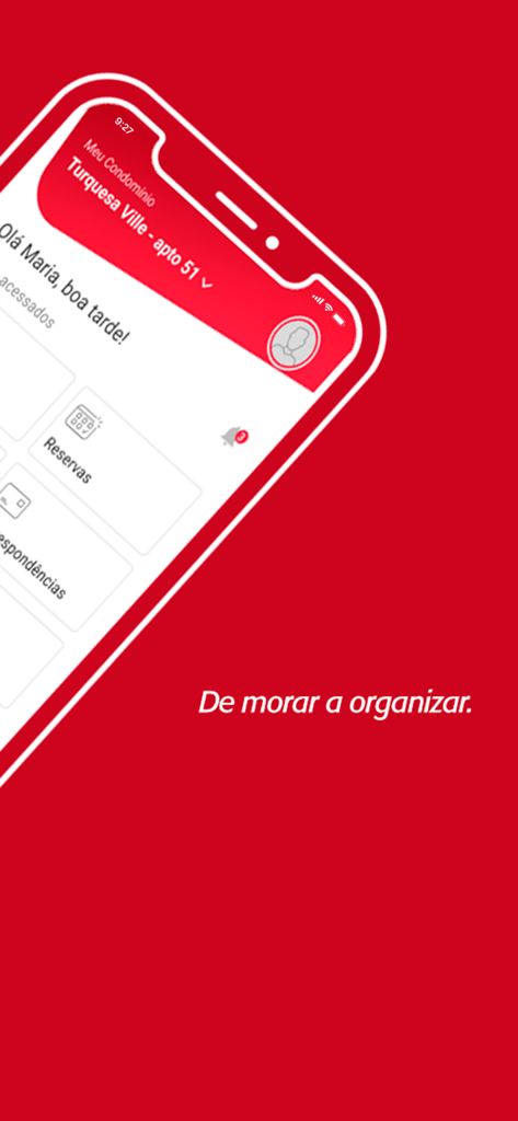 Lello para Moradores - A smartphone showing the Lello para Moradores app dashboard with condo management features on a red background
