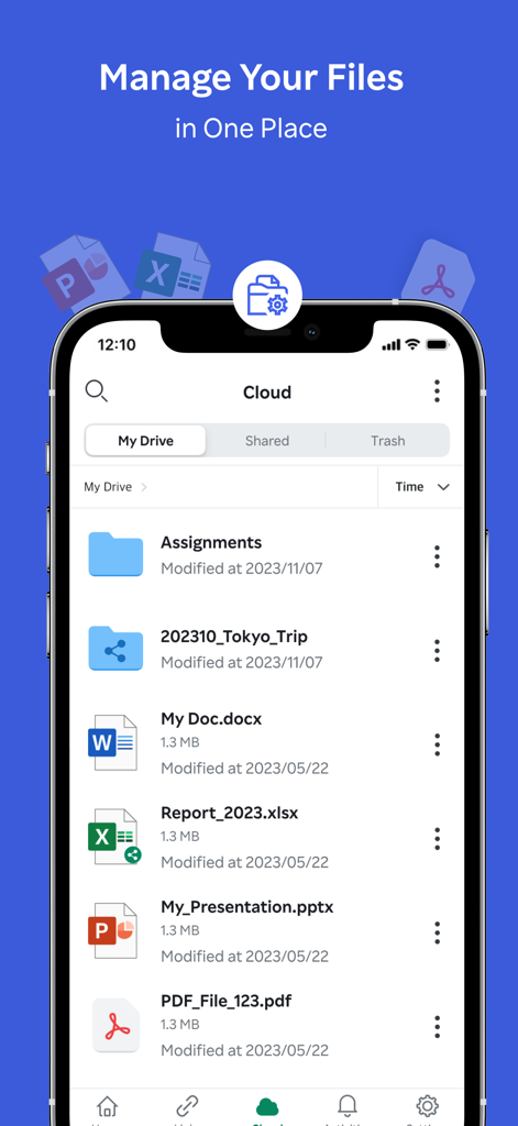 Rakuten Drive - Rakuten Driveアプリのインターフェース。クラウドストレージ内の整理されたファイルとフォルダのリストを表示しています。