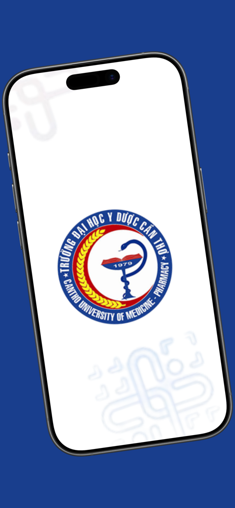 The splash screen of the CTUMP mobile app displaying the Can Tho University of Medicine and Pharmacy logo on an iPhone.