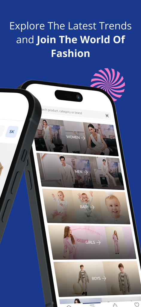 Pantalla de la aplicación móvil LC Waikiki mostrando varias categorías de moda para mujeres, hombres y niños