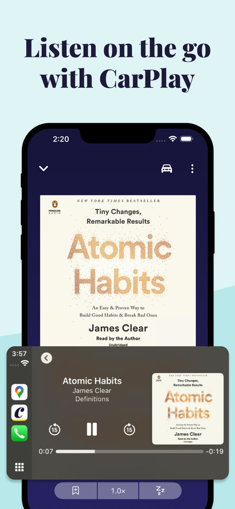 Chirp Audiobooks App-Oberfläche, die die CarPlay-Integration für unterwegs anzeigt.