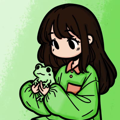girl with long hair and a oversized shirt. and she is holding a frog