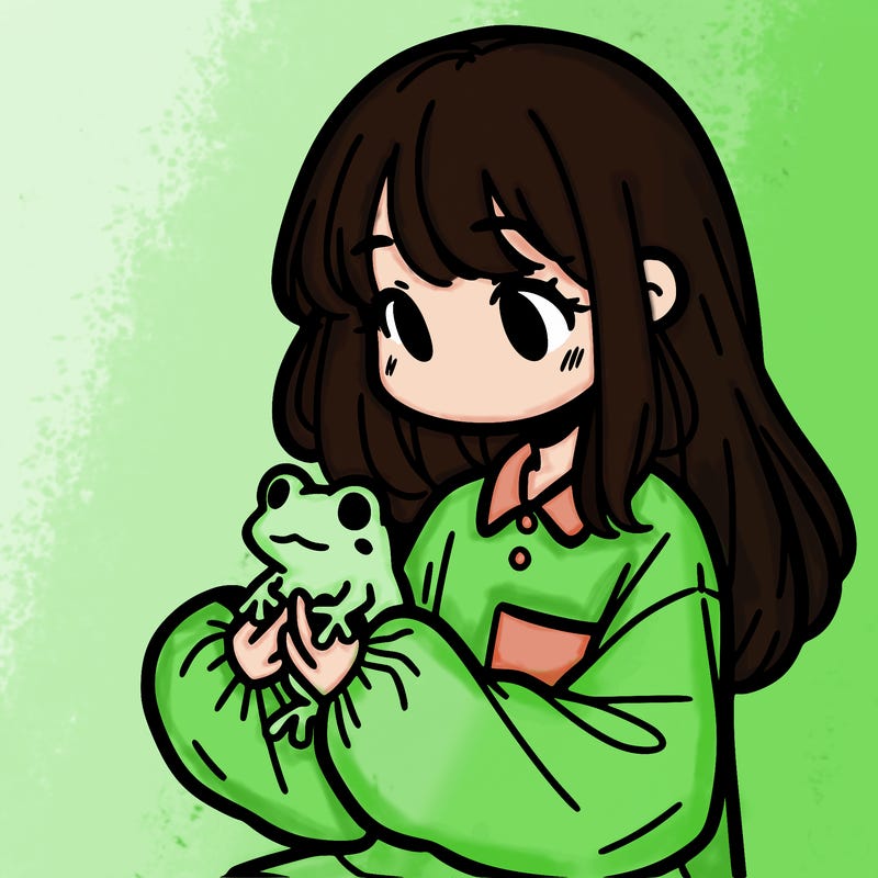 girl with long hair and a oversized shirt. and she is holding a frog