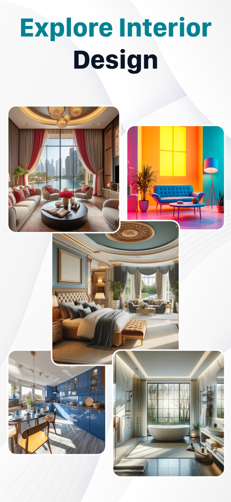 A collage showing various interior design styles for a living room bedroom kitchen and bathroom
