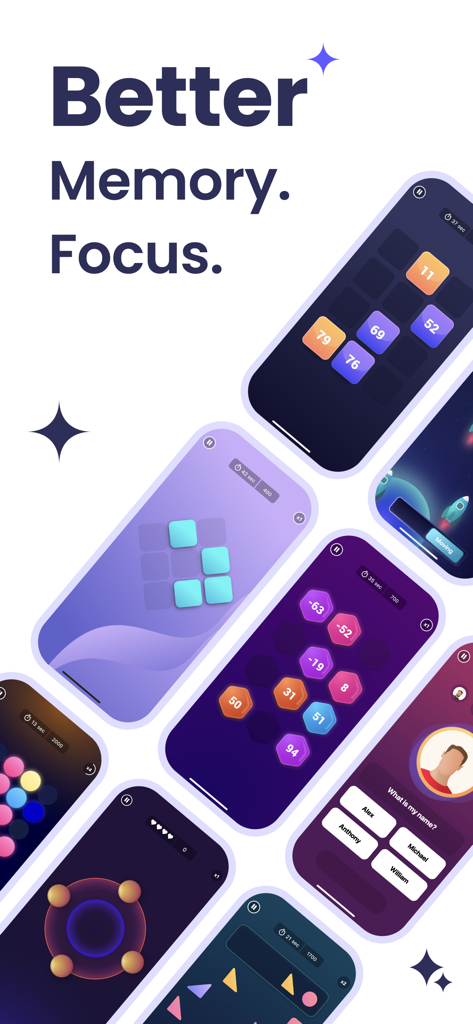 BrainFox - Brain Training - BrainFox mobile app interface showing multiple brain training games for memory and focus