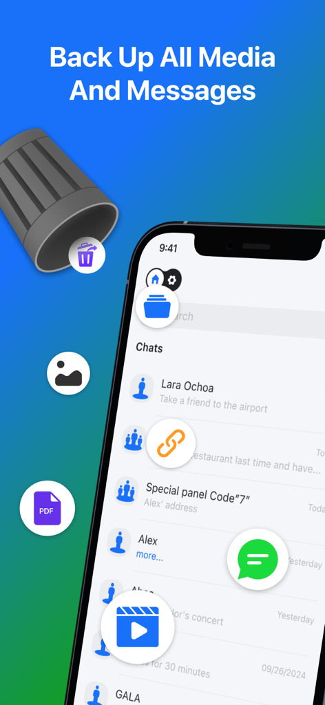 Screenshot der FX Backup Message and Image App mit Funktionen zur Sicherung von Medien und Chats