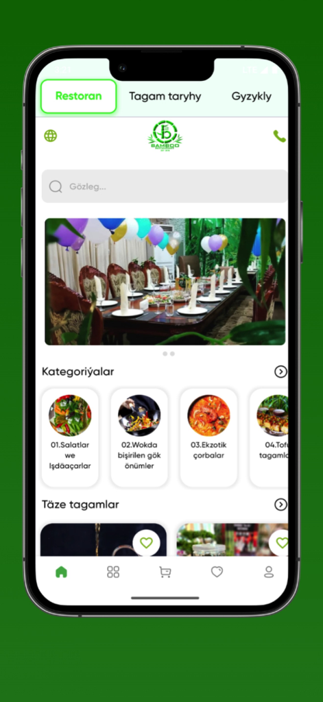 Bamboo Ho-Go Restaurant - Home screen of the Bamboo Ho-Go Restaurant app featuring food categories and a search bar