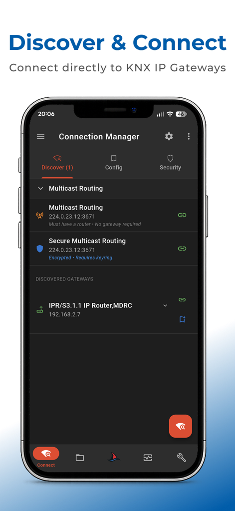 SharKNX - Interfaz de la aplicación móvil SharKNX para descubrir y conectarse a pasarelas KNX IP