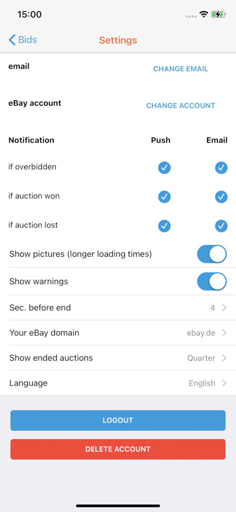 Sniper for ebay bid auctions - Schermata delle impostazioni dell'app sniper di eBay Baytomat che mostra preferenze di notifica e opzioni account