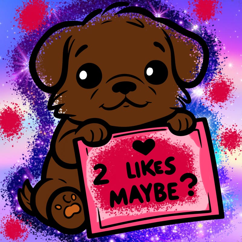 a puppy holding a sign that says 2 likes maybe?