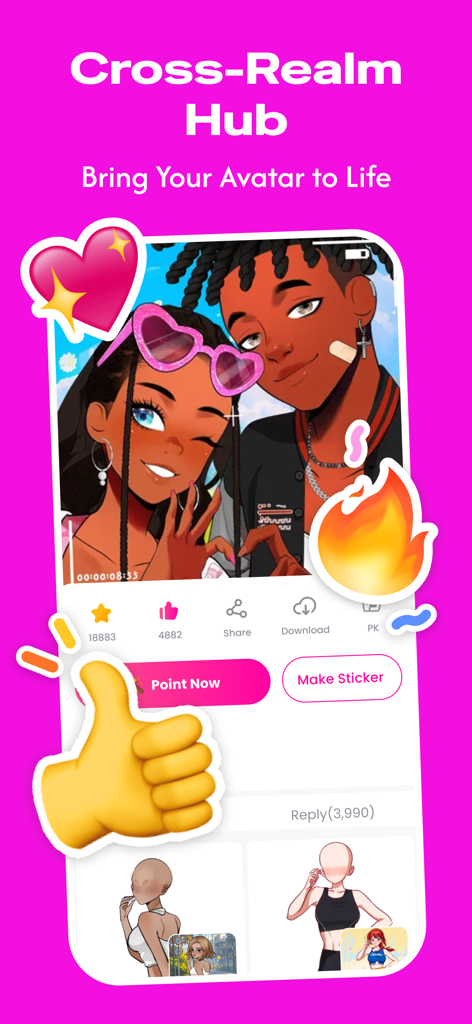 Neku: make avatar sticker - Interfaz del Centro Interreinos de la aplicación Neku que muestra avatares de anime personalizados y funciones de interacción social como me gusta y stickers