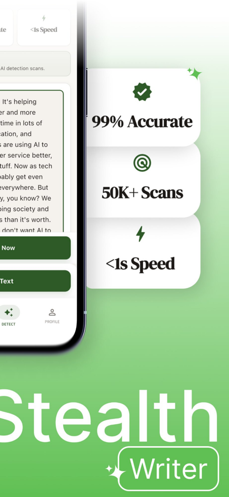 Screenshot showing Undetectable AI Stealth Writer performance statistics like accuracy and speed