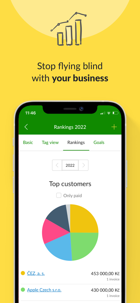 Fakturoid - invoices made easy - A pie chart showing top customers and business rankings in the Fakturoid mobile app.