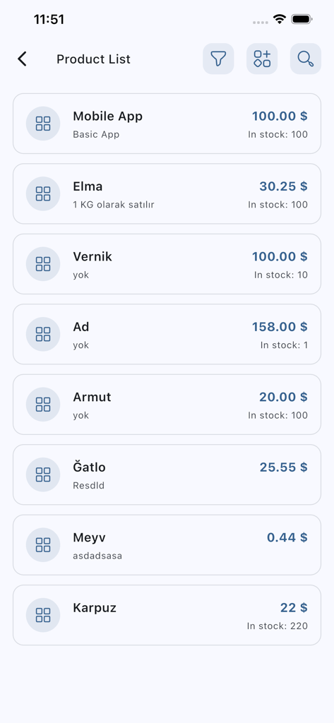 Order Tracking System - Mobile application screen showing a list of products with their prices and stock status for inventory management