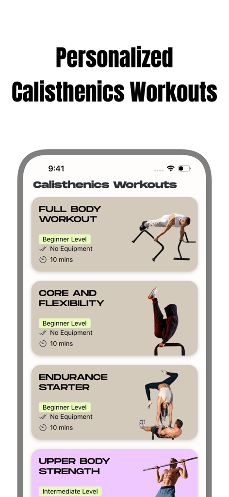 Calis : Calisthenics Workout - Mobile interface of the Calis app showing various personalized bodyweight workout categories like full body and core strength
