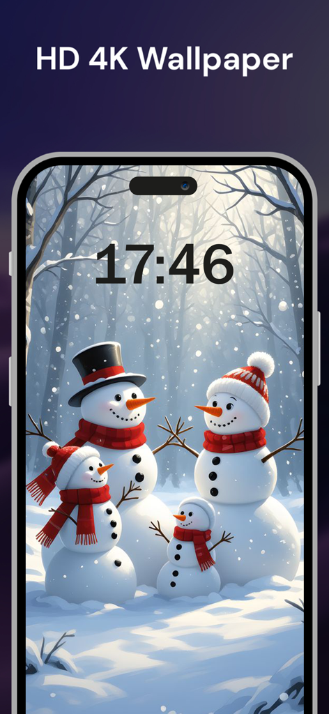 Schermata di blocco dell'iPhone che mostra una famiglia di pupazzi di neve in una foresta innevata come sfondo 4K