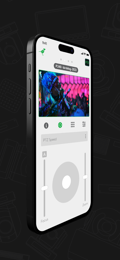 NDI PTZ Control - NDI PTZ Control app interface on iPhone with live camera feed and virtual joystick controls