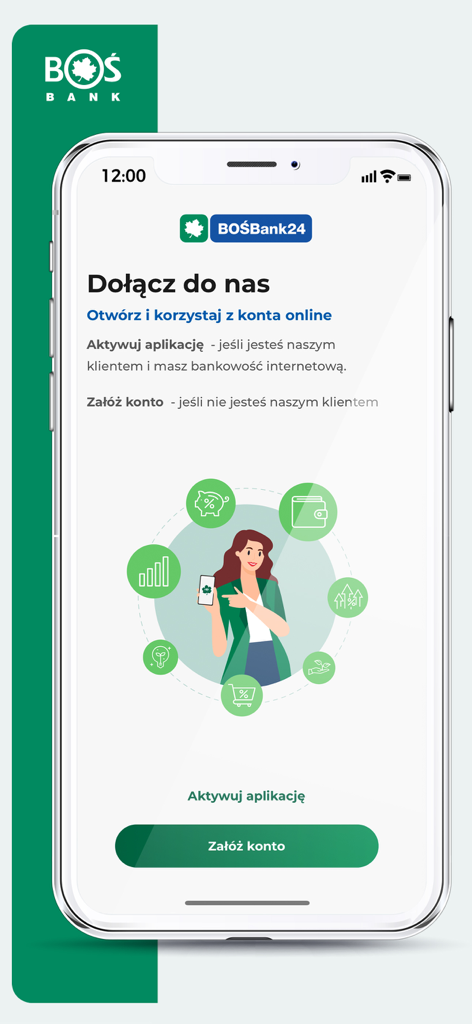 BOŚBank24 - Onboarding screen of the BOSBank24 mobile app with options to activate an app or open a new account and eco-friendly illustrations