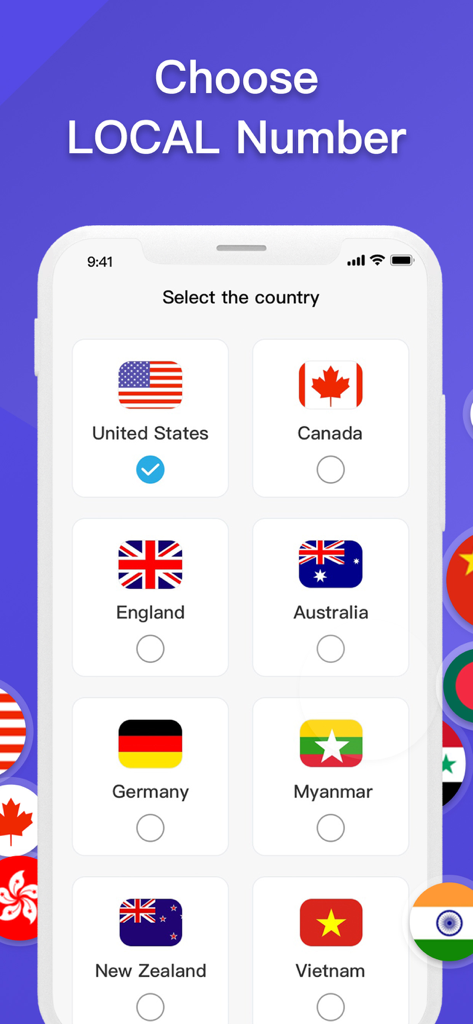 Interfaz para elegir un número de teléfono virtual local de varios países, incluidos EE. UU. y Canadá