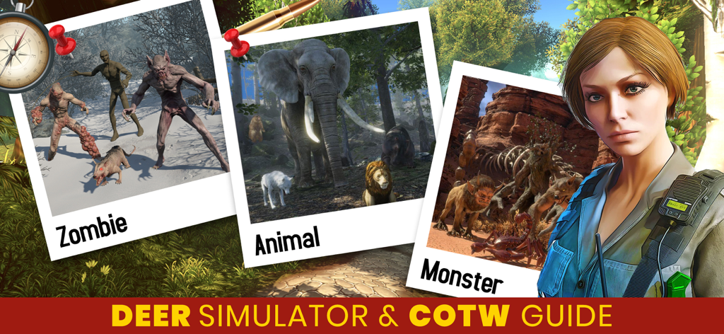 Hunting Sniper - Animal Hunter - Hunting Sniper game interface displaying three distinct gameplay modes labeled Zombie, Animal, and Monster alongside a female character in tactical gear.