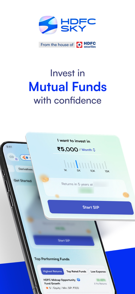 HDFC SKY mobile app interface for mutual fund SIP investments