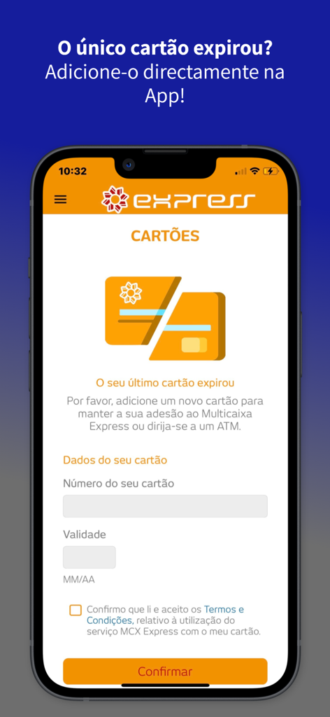 Interface do aplicativo MULTICAIXA Express para adicionar um novo cartão de débito quando o atual expirar