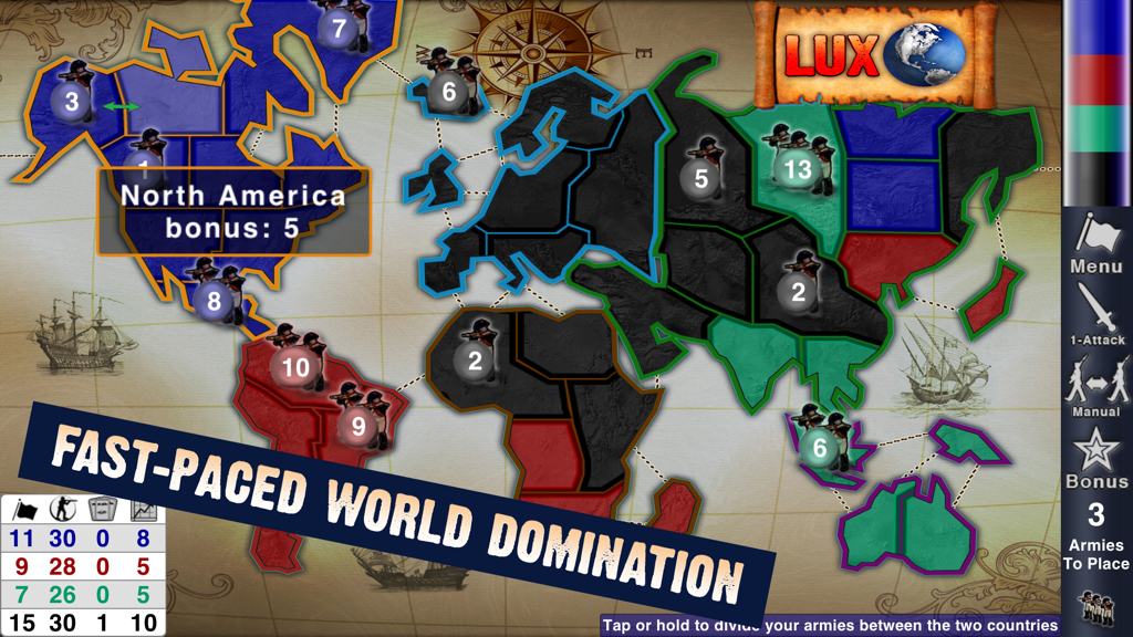 Lux Touch 3 - World Domination - Gameplay screenshot of Lux Touch 3 showing a world map with color-coded territories and army units for a strategy conquest game.