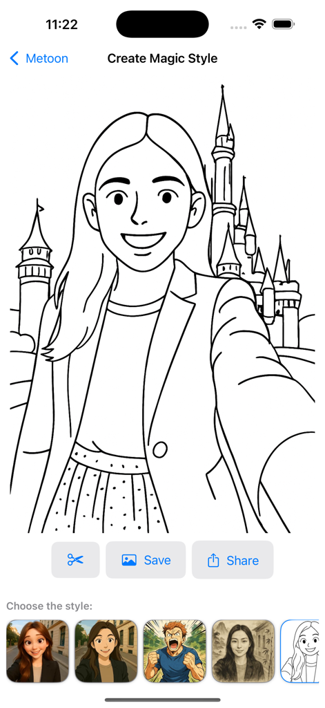Metoon: Cartoon Photo Editor - Interfaz de la aplicación Metoon que muestra un filtro de boceto de dibujo lineal en blanco y negro aplicado al retrato de una mujer frente a un castillo.
