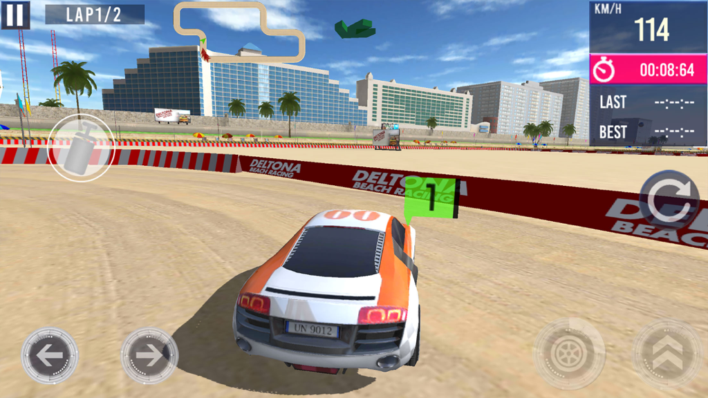 Daytona Beach Racing - Coche deportivo blanco y naranja compitiendo en una pista de arena en el juego Daytona Beach Racing.