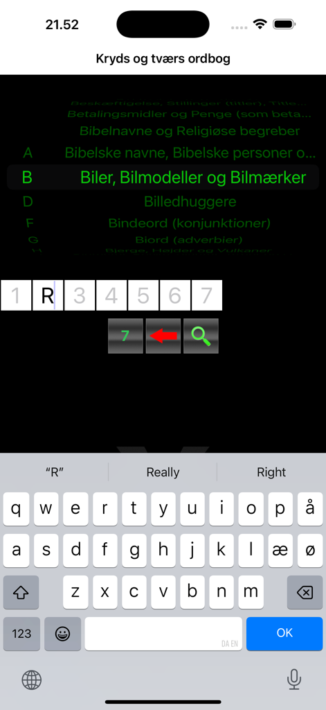 DanKryds - Interface of the DanKryds app showing a crossword search by category and word length with a Danish keyboard.