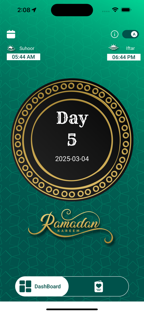 A screenshot of the Ramadan Countdown app showing Suhoor and Iftar times with a circular day indicator on a green patterned background.