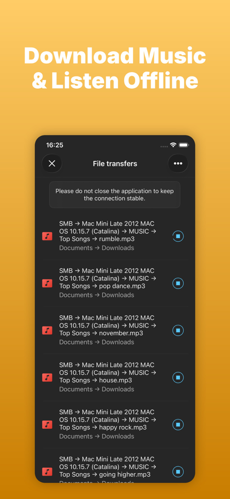 L'interface de l'application Evermusic affiche les transferts de fichiers MP3 depuis un ordinateur via SMB pour une écoute hors ligne.