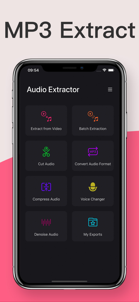 Audio Extractor: Vid2Audio - Interfaz principal de la aplicación Audio Extractor Vid2Audio que muestra herramientas para extracción de video a MP3, procesamiento por lotes y edición de audio.