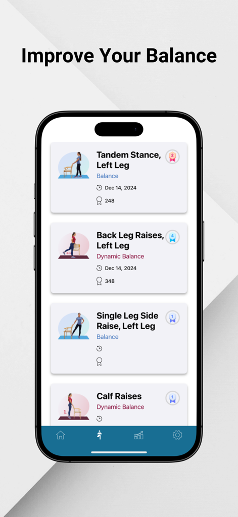 Aspire Connect - Aspire Connect app displaying a list of balance and stability exercises