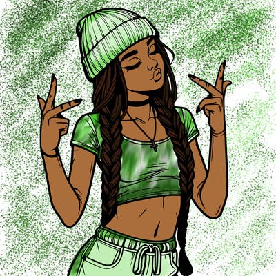 realistic teenage girl with braids and a beanie and crop top doing 🫶🏼