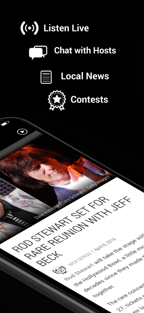 97.5 NOW FM (WJIM) - Interface do aplicativo 97.5 NOW FM destacando Ouvir ao Vivo, Conversar com Locutores, Notícias Locais e Recursos de Concursos, juntamente com um artigo de notícias de música.