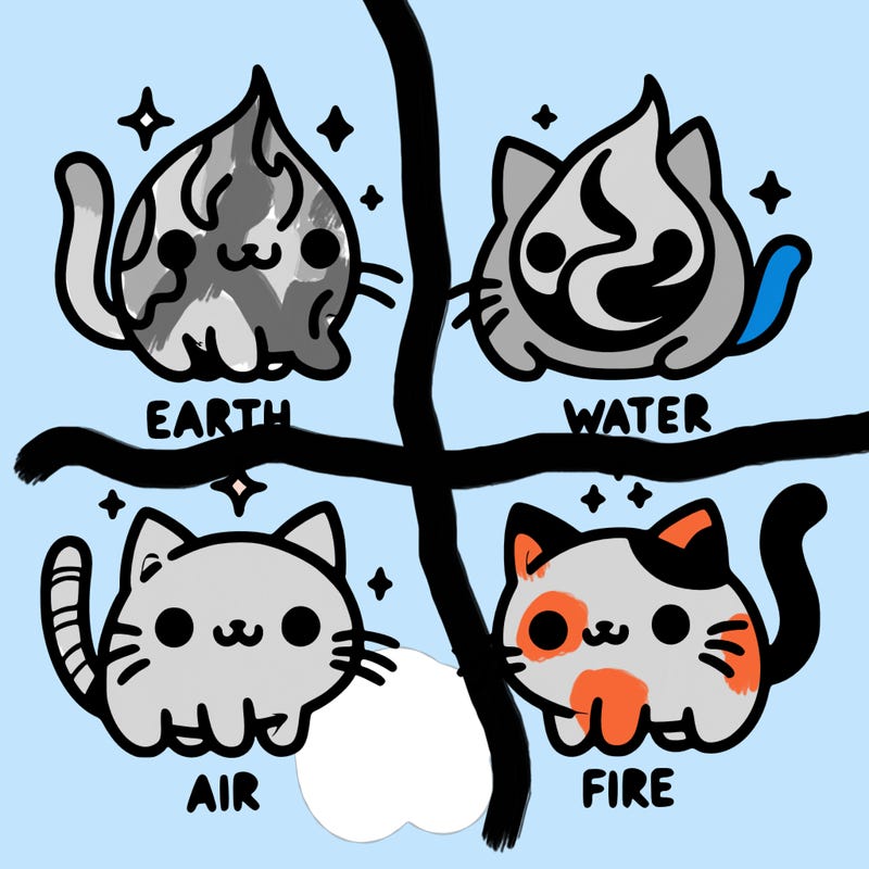 4 cats that represent the different elements, earth, water, air, and fire