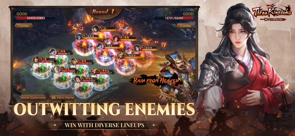 Tactical battle scene in Three Kingdoms Overlord featuring diverse hero lineups and round based combat.