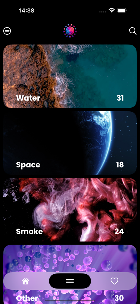 Live Wallpaper 4K & Background - 水、宇宙、煙などの4Kライブ壁紙カテゴリを示すモバイルアプリインターフェイス