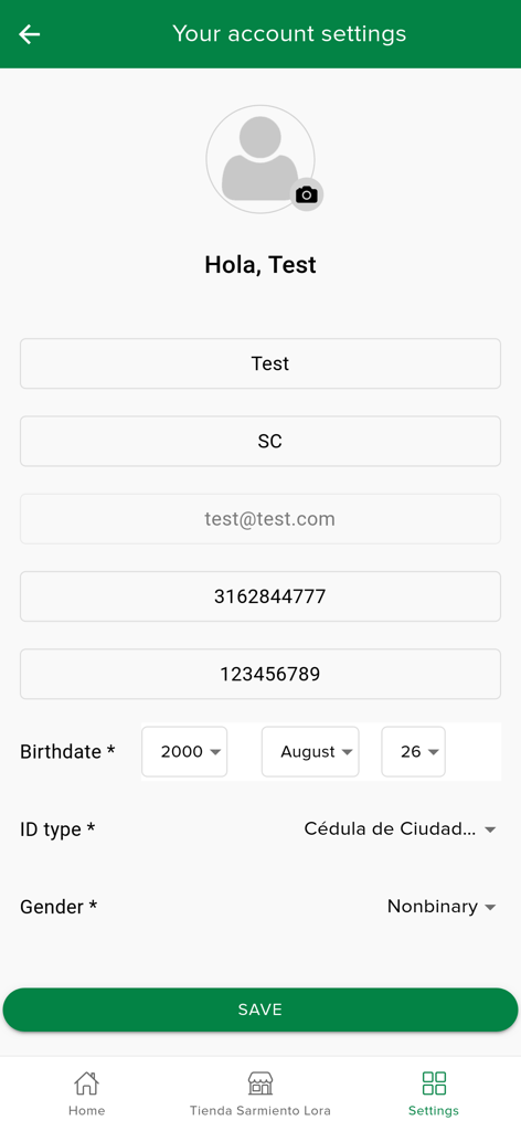 EF Carlos Sarmiento Lora - Account settings screen of the EF Carlos Sarmiento Lora app where users can update their profile information