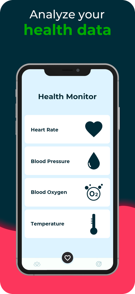 Pulsedo: Heart Rate Monitor - Painel do aplicativo Pulsedo mostrando opções de monitoramento de saúde para frequência cardíaca, pressão arterial, níveis de oxigênio e temperatura corporal.