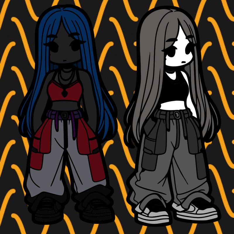 girl in baggy pants crop top and long hair